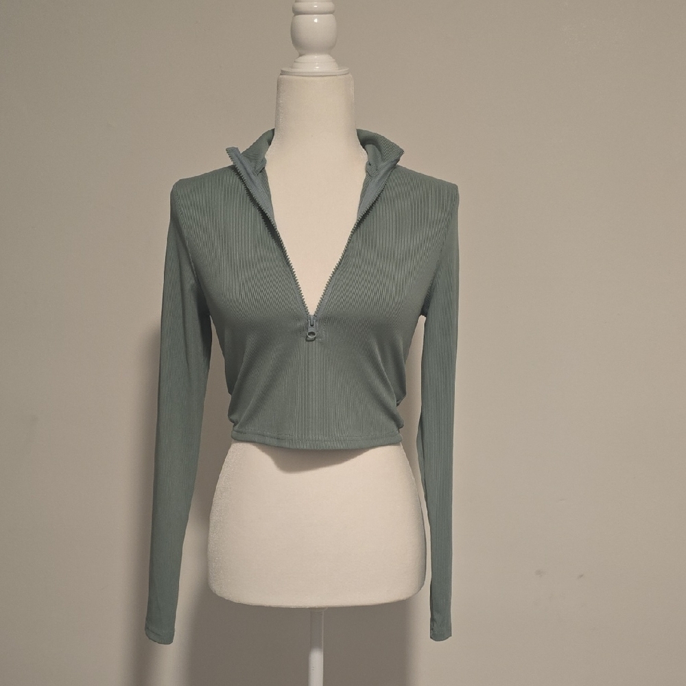 SHEIN Ribbed Zip-Up Crop Top - Sage